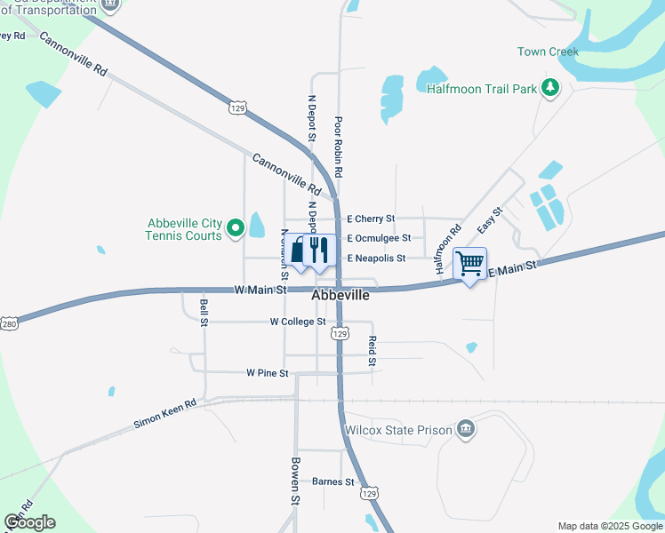 map of restaurants, bars, coffee shops, grocery stores, and more near 210 North Broad Street in Abbeville