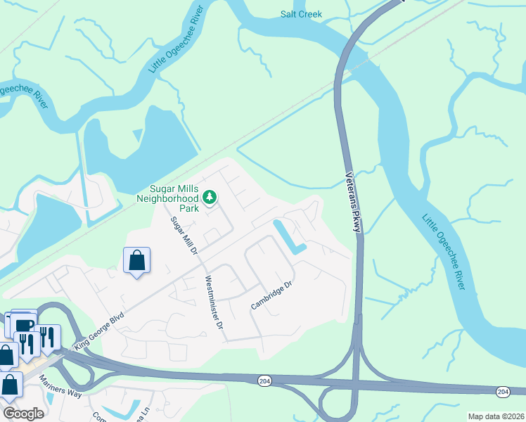 map of restaurants, bars, coffee shops, grocery stores, and more near 36 Orchid Lane in Savannah