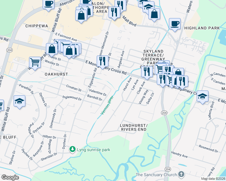 map of restaurants, bars, coffee shops, grocery stores, and more near 8602 Harmon Bluff Road in Savannah