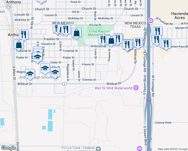 map of restaurants, bars, coffee shops, grocery stores, and more near 808 Luisa Street in Anthony