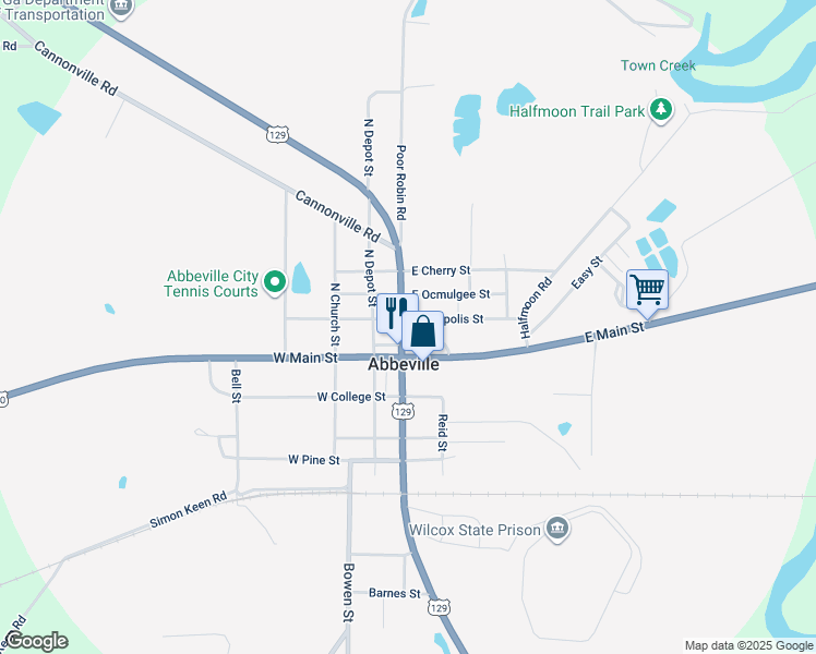 map of restaurants, bars, coffee shops, grocery stores, and more near 210 North Broad Street in Abbeville