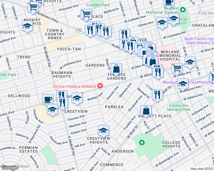map of restaurants, bars, coffee shops, grocery stores, and more near 2901 West Illinois Avenue in Midland