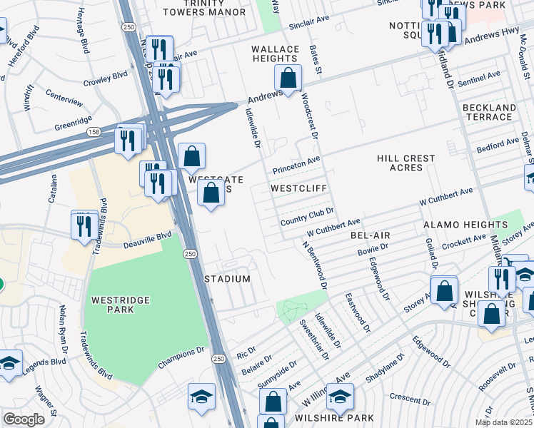 map of restaurants, bars, coffee shops, grocery stores, and more near 4801 Bedford Avenue in Midland