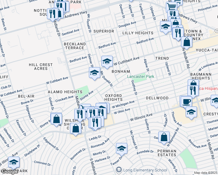 map of restaurants, bars, coffee shops, grocery stores, and more near 3802 West Kansas Avenue in Midland