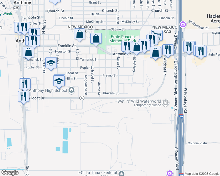 map of restaurants, bars, coffee shops, grocery stores, and more near 806 Margarita St in Anthony