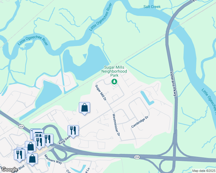 map of restaurants, bars, coffee shops, grocery stores, and more near 13 Sugar Cane Drive in Savannah