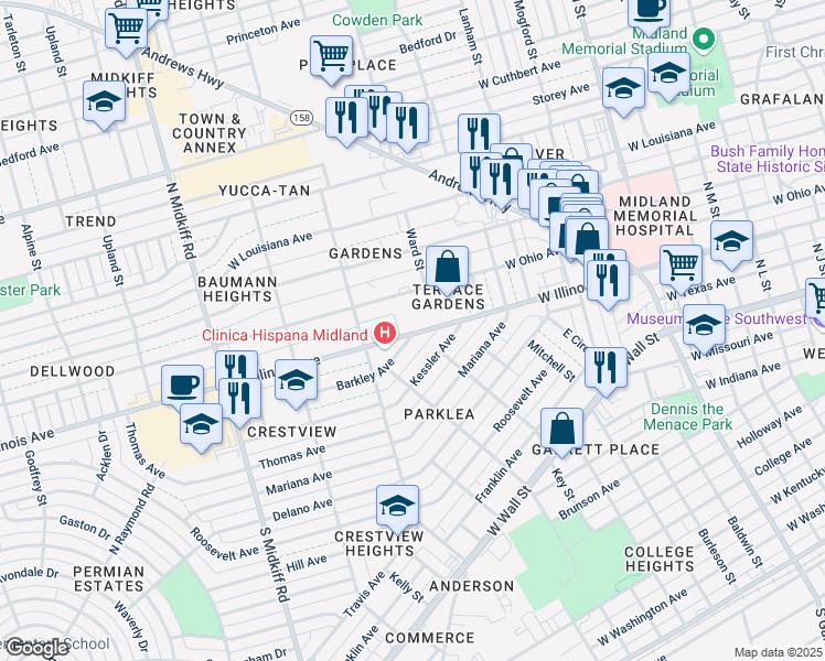 map of restaurants, bars, coffee shops, grocery stores, and more near 3000 West Illinois Avenue in Midland