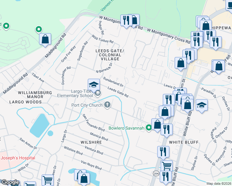 map of restaurants, bars, coffee shops, grocery stores, and more near 305 Leeds Gate Road in Savannah