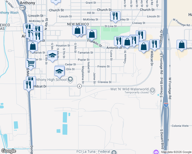 map of restaurants, bars, coffee shops, grocery stores, and more near 807 Jaime Street in Anthony