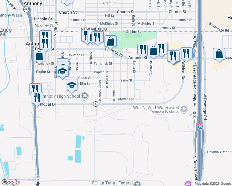map of restaurants, bars, coffee shops, grocery stores, and more near 807 Jaime Street in Anthony