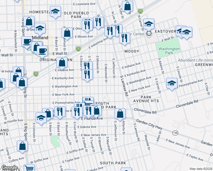 map of restaurants, bars, coffee shops, grocery stores, and more near 801 East Washington Avenue in Midland