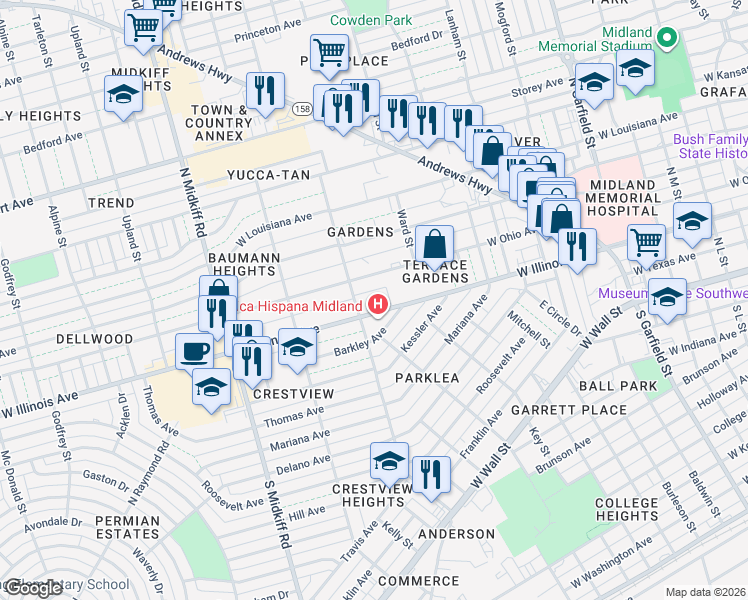 map of restaurants, bars, coffee shops, grocery stores, and more near in Midland