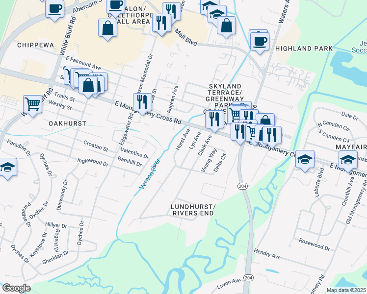 map of restaurants, bars, coffee shops, grocery stores, and more near 8602 Hurst Avenue in Savannah