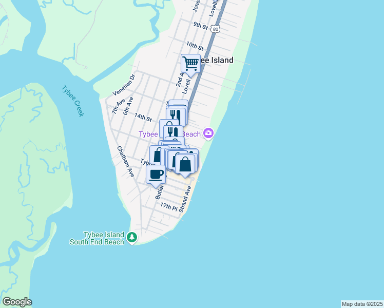 map of restaurants, bars, coffee shops, grocery stores, and more near 6 15th Street in Tybee Island