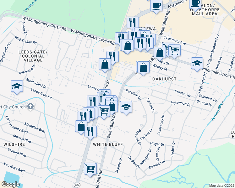 map of restaurants, bars, coffee shops, grocery stores, and more near 315 White Bluff Road in Savannah