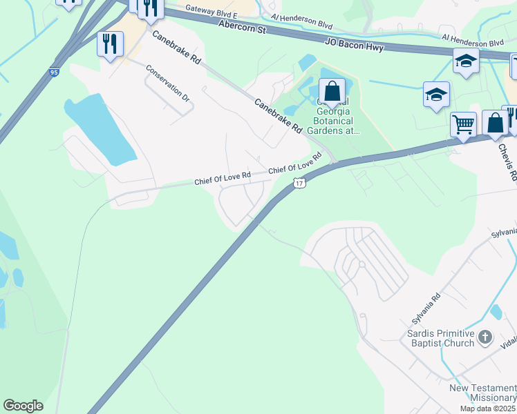 map of restaurants, bars, coffee shops, grocery stores, and more near 1027 Fords Pointe Circle in Savannah