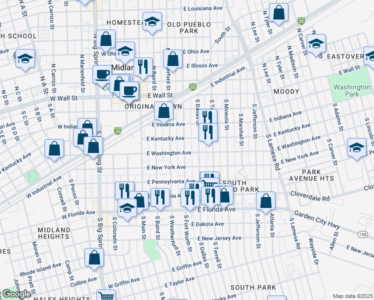 map of restaurants, bars, coffee shops, grocery stores, and more near 423 South Fort Worth Street in Midland