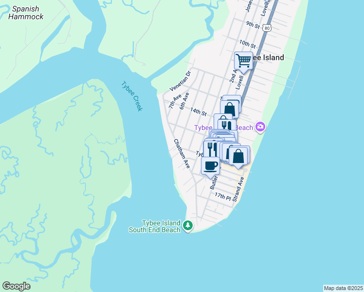 map of restaurants, bars, coffee shops, grocery stores, and more near 1518 5th Avenue in Tybee Island