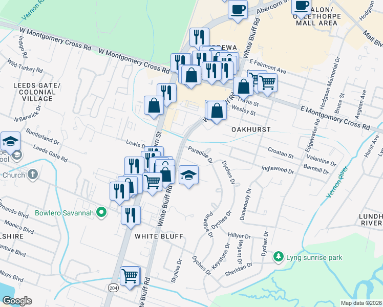 map of restaurants, bars, coffee shops, grocery stores, and more near 7 Paradise Drive in Savannah