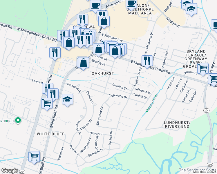 map of restaurants, bars, coffee shops, grocery stores, and more near 210 Seminole Street in Savannah