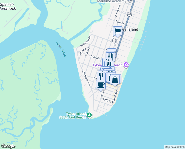 map of restaurants, bars, coffee shops, grocery stores, and more near 1512 Miller Avenue in Tybee Island