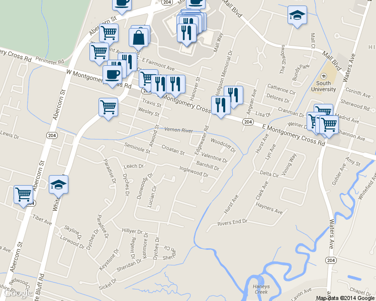 map of restaurants, bars, coffee shops, grocery stores, and more near 207 Edgewater Road in Savannah