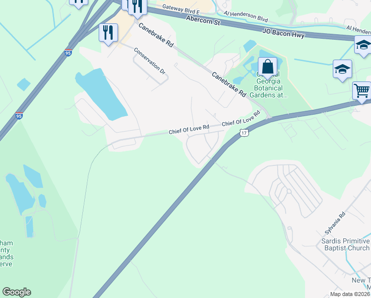 map of restaurants, bars, coffee shops, grocery stores, and more near 1207 Fords Pointe Circle in Savannah