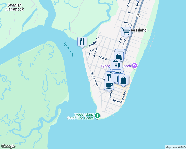 map of restaurants, bars, coffee shops, grocery stores, and more near 1518 5th Avenue in Tybee Island