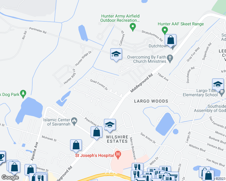 map of restaurants, bars, coffee shops, grocery stores, and more near 32 Quail Forest Drive in Savannah