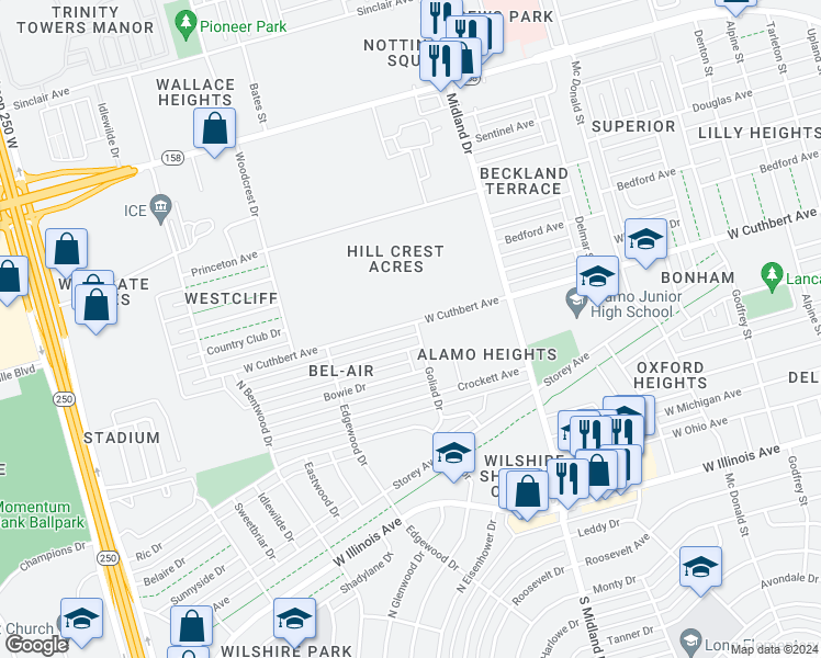 map of restaurants, bars, coffee shops, grocery stores, and more near 4601 West Cuthbert Avenue in Midland