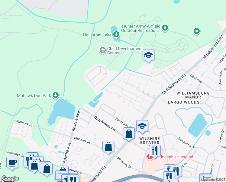 map of restaurants, bars, coffee shops, grocery stores, and more near 232 Forest Ridge Drive in Savannah