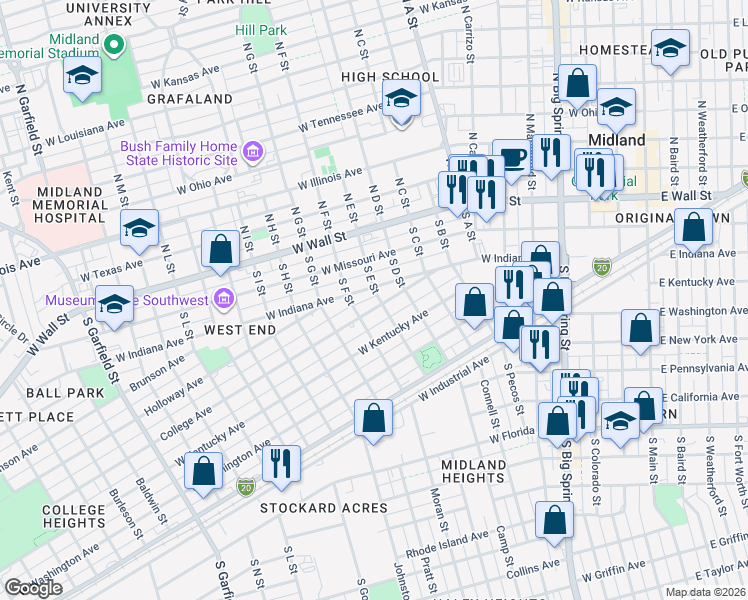 map of restaurants, bars, coffee shops, grocery stores, and more near 401-451 S E St in Midland