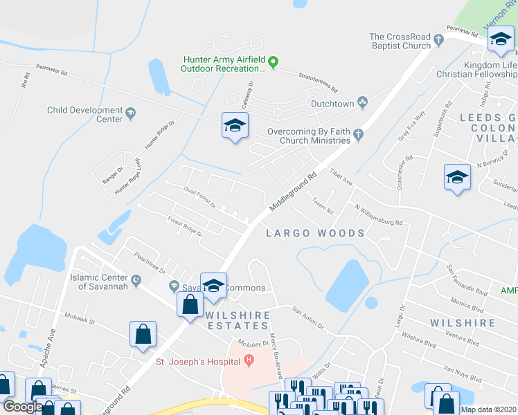 map of restaurants, bars, coffee shops, grocery stores, and more near 10609 Middleground Road in Savannah