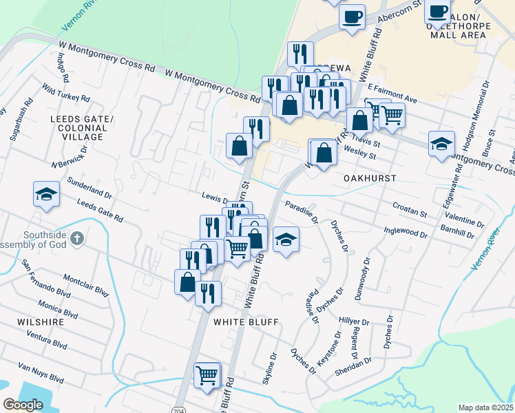 map of restaurants, bars, coffee shops, grocery stores, and more near 315 White Bluff Road in Savannah