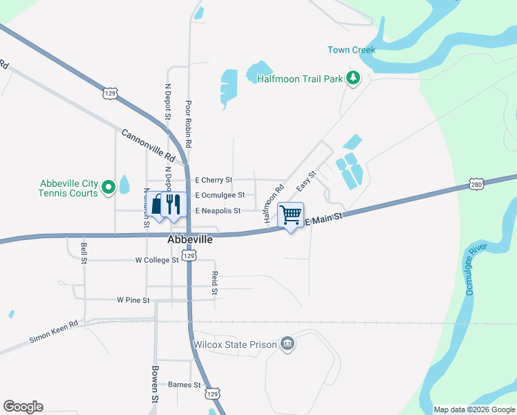 map of restaurants, bars, coffee shops, grocery stores, and more near 103 Isabella Street in Abbeville