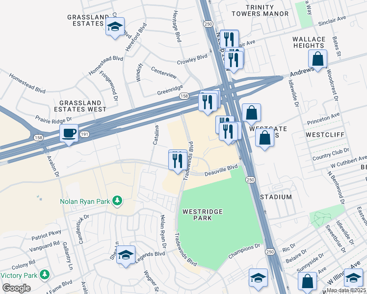 map of restaurants, bars, coffee shops, grocery stores, and more near 1401 Tradewinds Boulevard in Midland