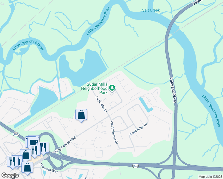 map of restaurants, bars, coffee shops, grocery stores, and more near 23 Sugar Cane Drive in Savannah