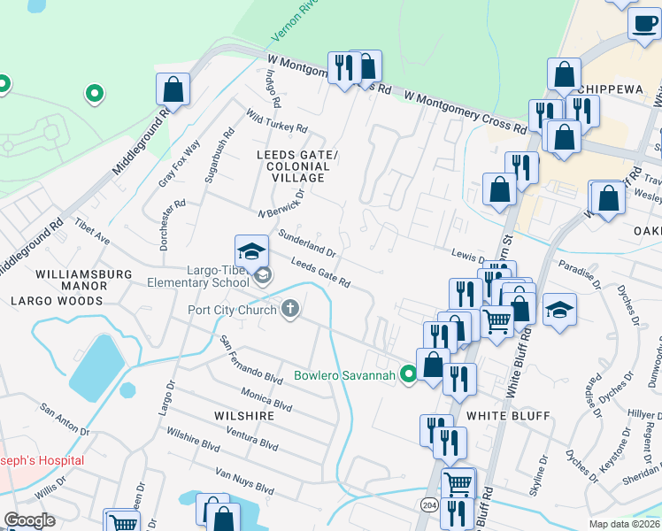 map of restaurants, bars, coffee shops, grocery stores, and more near 305 Leeds Gate Road in Savannah