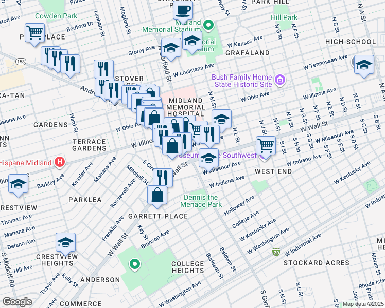 map of restaurants, bars, coffee shops, grocery stores, and more near 25 Village Circle in Midland