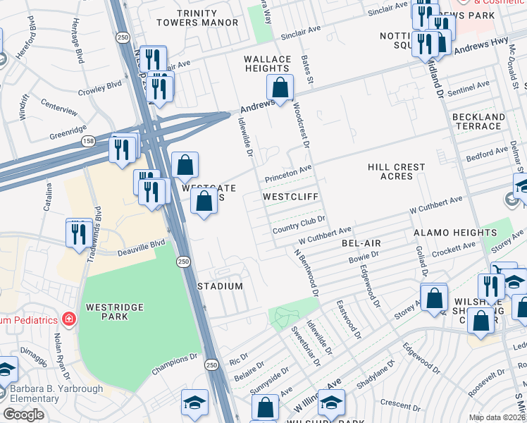 map of restaurants, bars, coffee shops, grocery stores, and more near 4801 Bedford Avenue in Midland