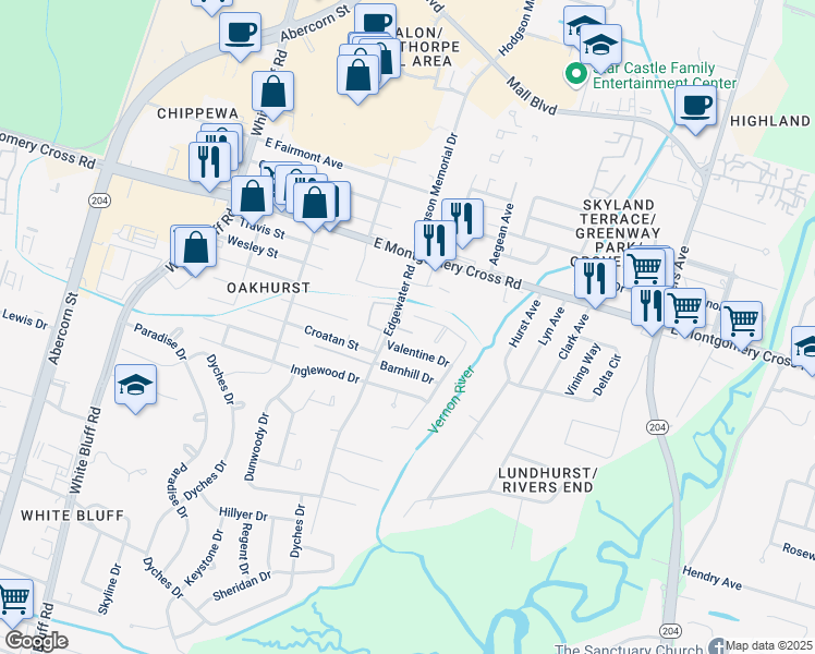 map of restaurants, bars, coffee shops, grocery stores, and more near 406 Valentine Drive in Savannah