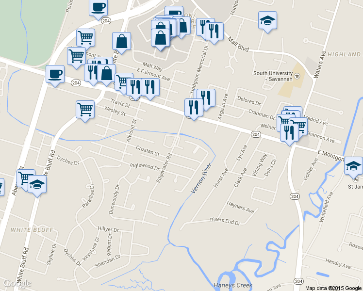 map of restaurants, bars, coffee shops, grocery stores, and more near 112 Edgewater Road in Savannah