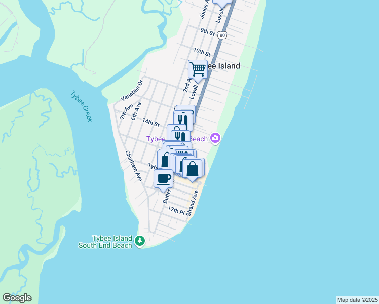 map of restaurants, bars, coffee shops, grocery stores, and more near 19 15th Street in Tybee Island