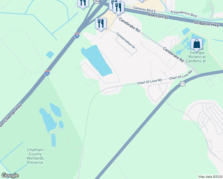 map of restaurants, bars, coffee shops, grocery stores, and more near 6301 Chief Of Love Road in Savannah