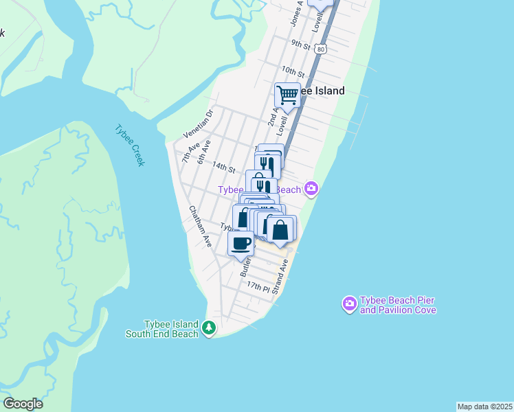 map of restaurants, bars, coffee shops, grocery stores, and more near 19 15th Street in Tybee Island