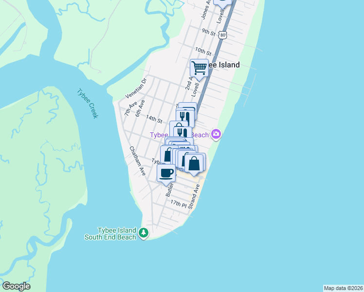 map of restaurants, bars, coffee shops, grocery stores, and more near 1415 Butler Avenue in Tybee Island