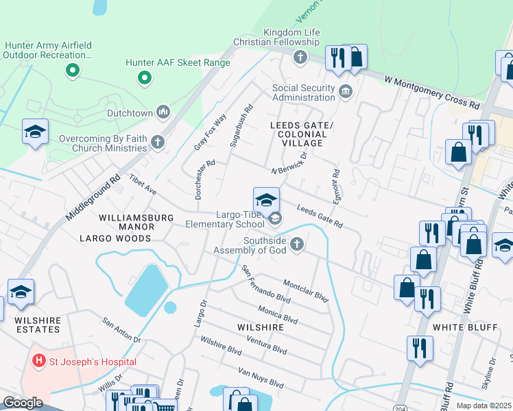 map of restaurants, bars, coffee shops, grocery stores, and more near 430 Tibet Avenue in Savannah