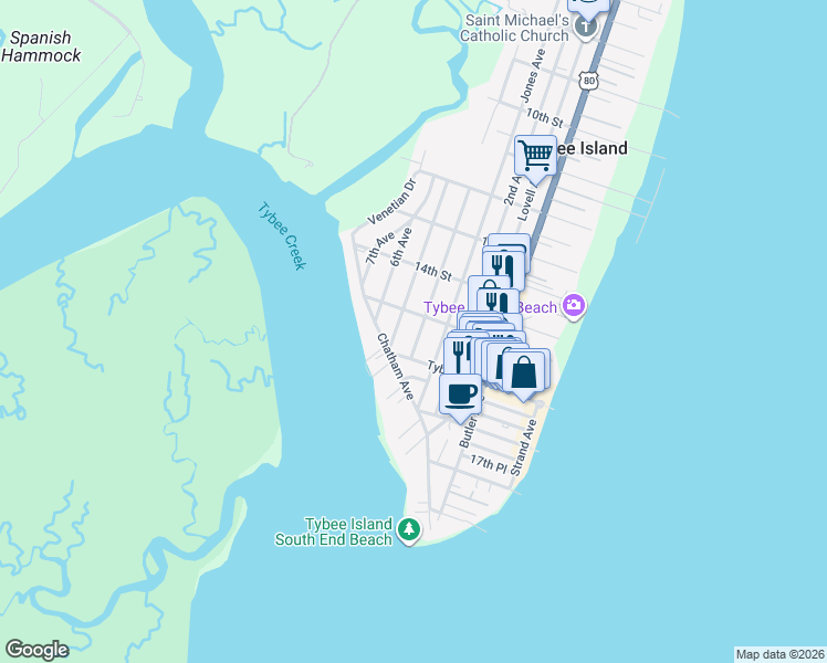 map of restaurants, bars, coffee shops, grocery stores, and more near 1512 Miller Avenue in Tybee Island