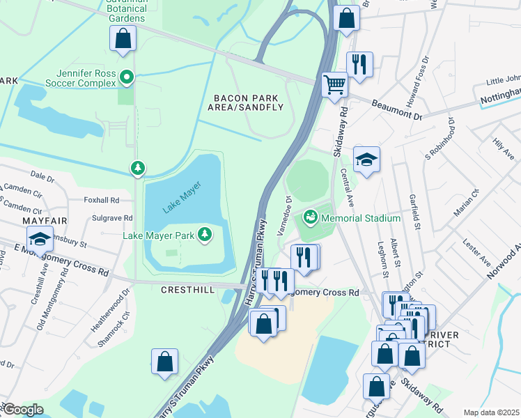 map of restaurants, bars, coffee shops, grocery stores, and more near Harry S Truman Parkway in Savannah