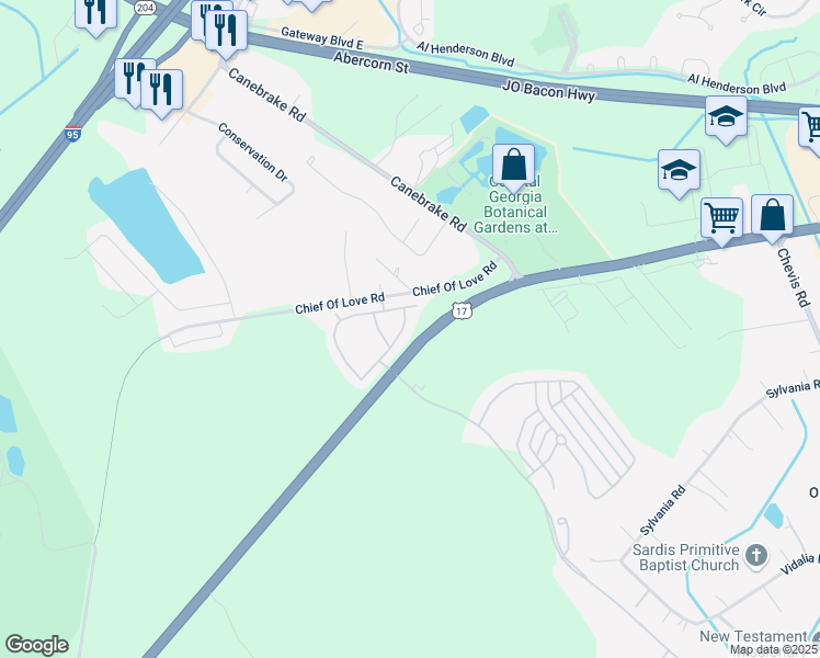 map of restaurants, bars, coffee shops, grocery stores, and more near 1027 Fords Point Circle in Savannah